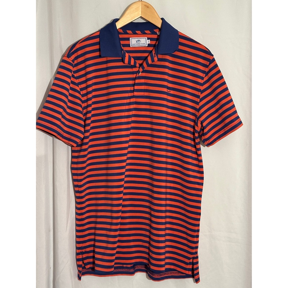 Southern Tide Mens Orange Navy Blue Striped Short Sleeve Polo Shirt Size M